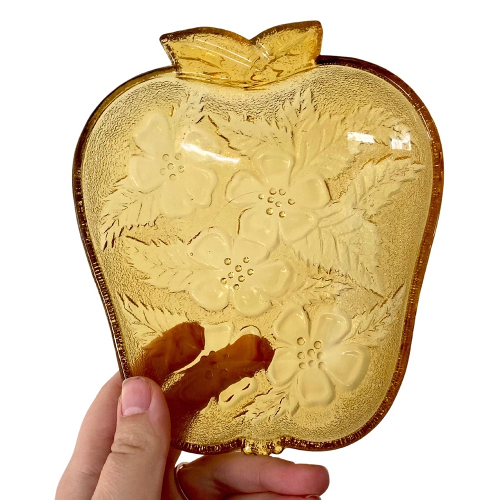 1970’s Vintage Hazel Atlas Amber Glass Apple Blossom Trivet Dish